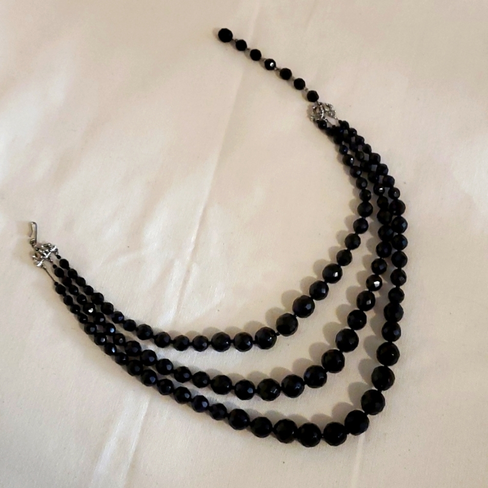 Vintage Hobé 3 Strand Black Crystal Necklace